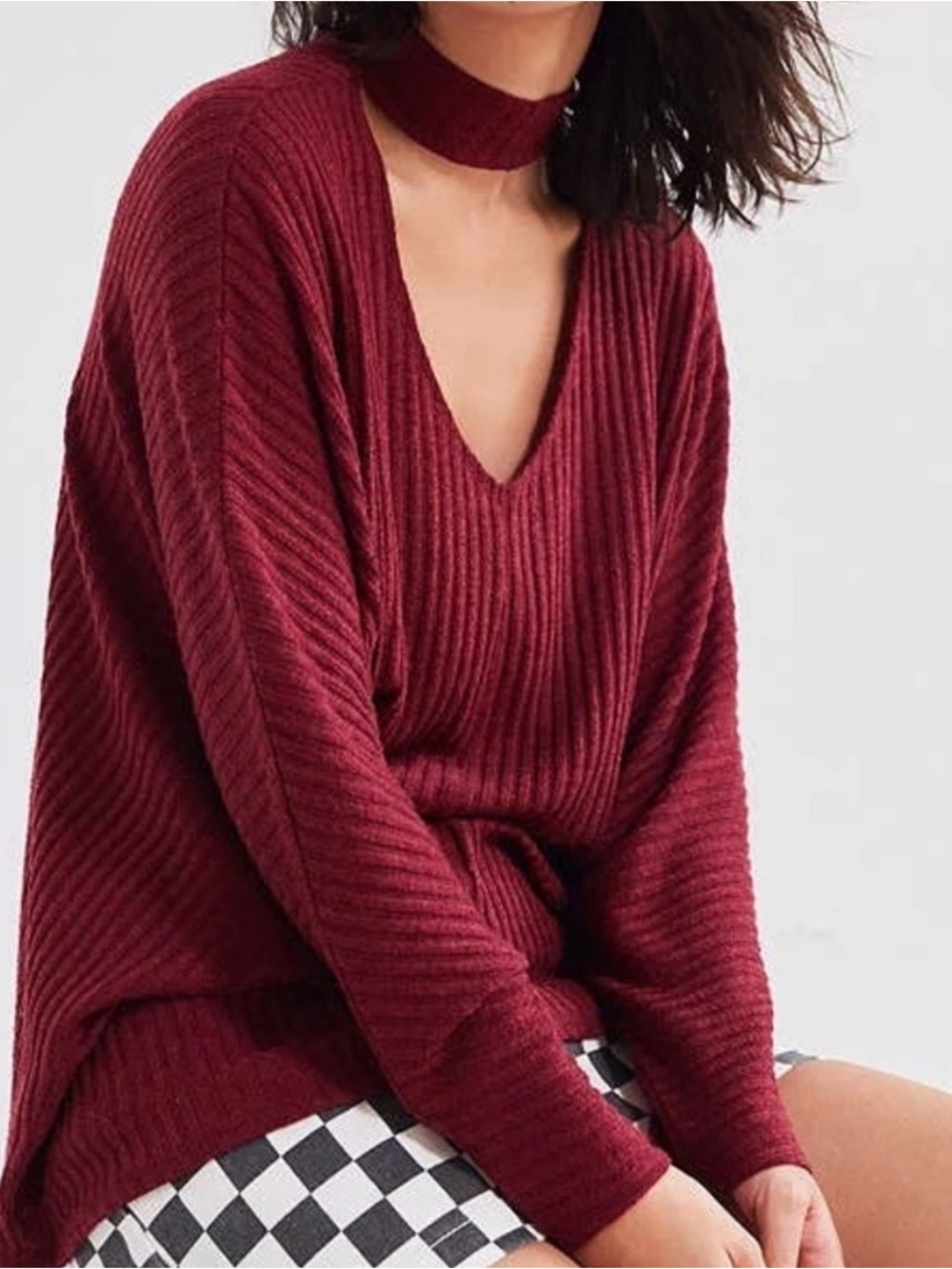 Urban Outfitters Ribbed V-Neck Choker Sweater - Wine